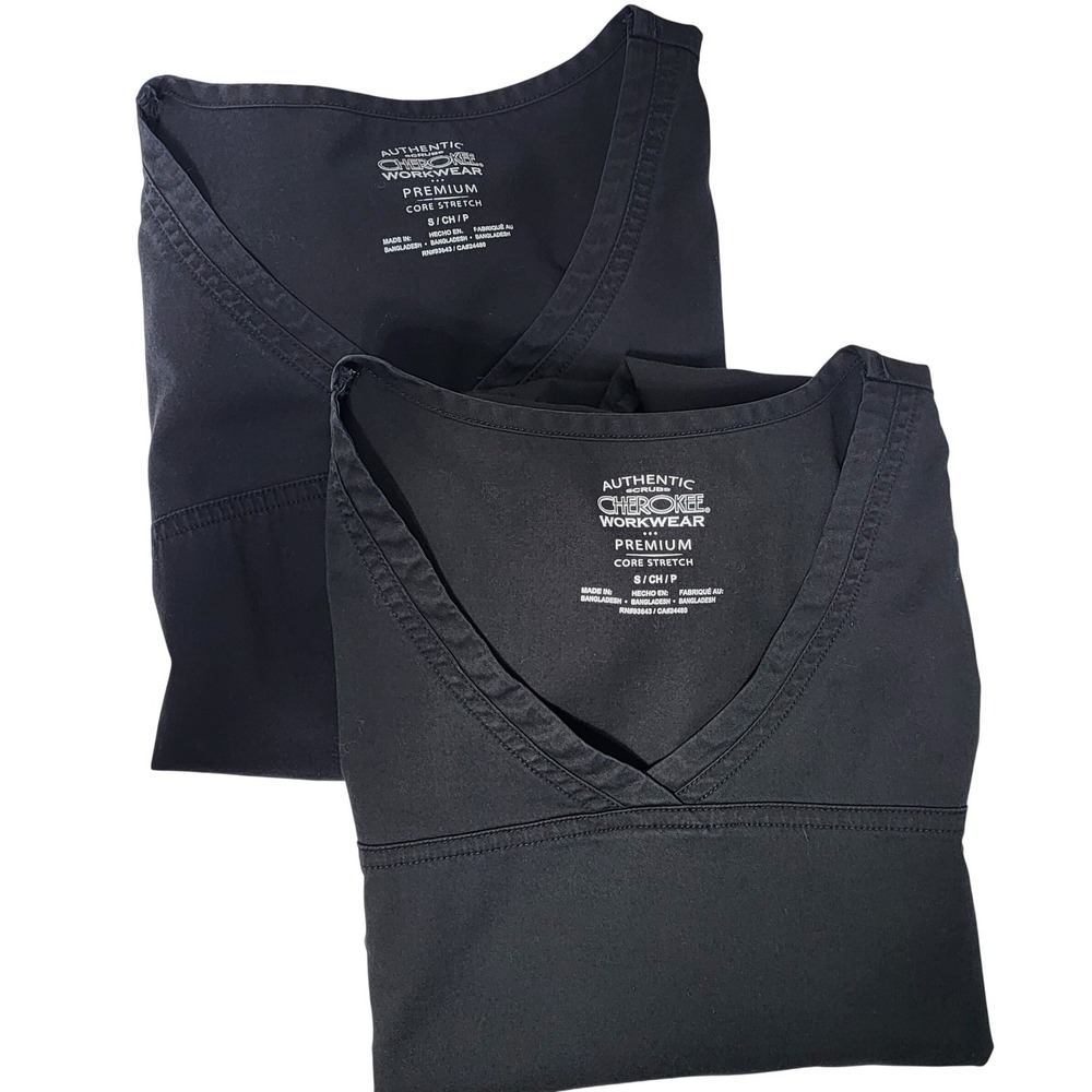 Cherokee Workwear Premium Core Stretch Scrub Tops Black V-Neck Set of 2 Small